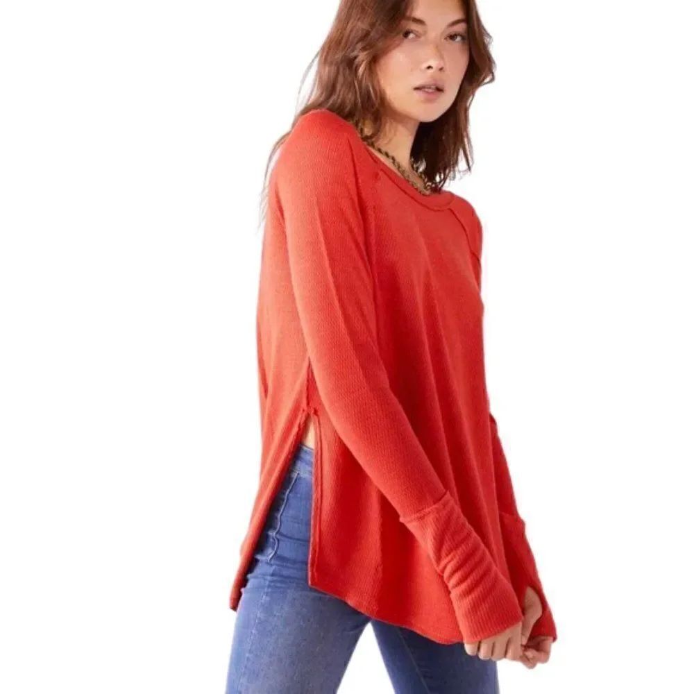 NWT Free People Womens Snowy Thermal Top in Heatwave Orange Red